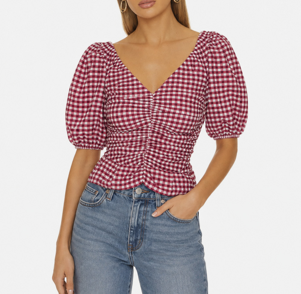 GANNI Love Potion Pink Gingham Plisse Ruched Puff Sleeve Top Blouse 34EU 2US